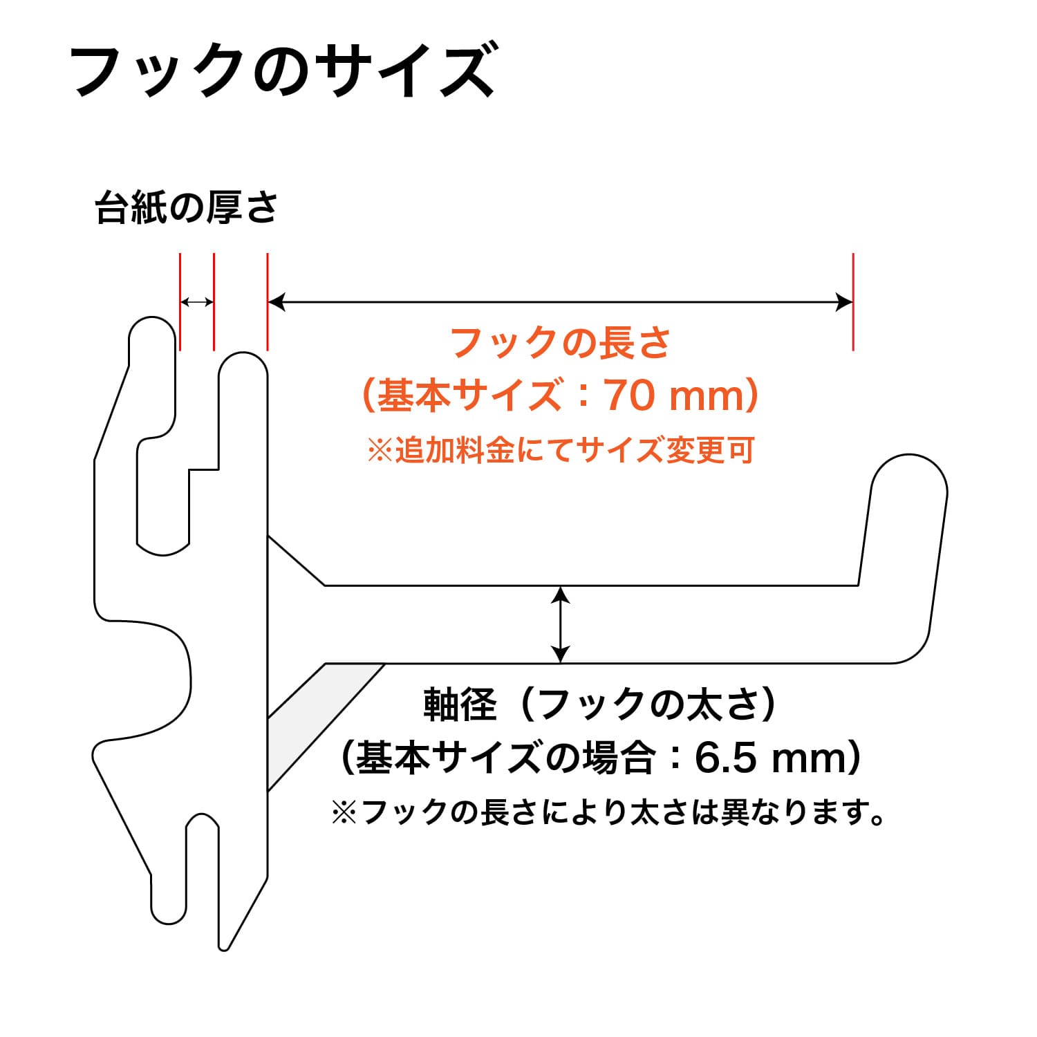 ペーパーディスプレイ付属のフックサイズ詳細